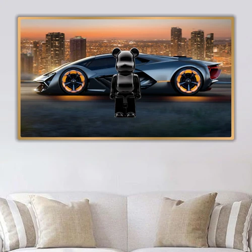 Tranh treo tường trang trí phòng khách gấu Bearbrick siêu xe
