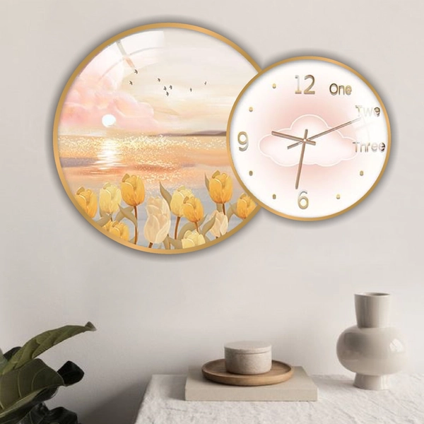 Tranh Đồng Hồ Treo Tường UV Pha Lê Bóng Cành Hoa Nghệ Thuật