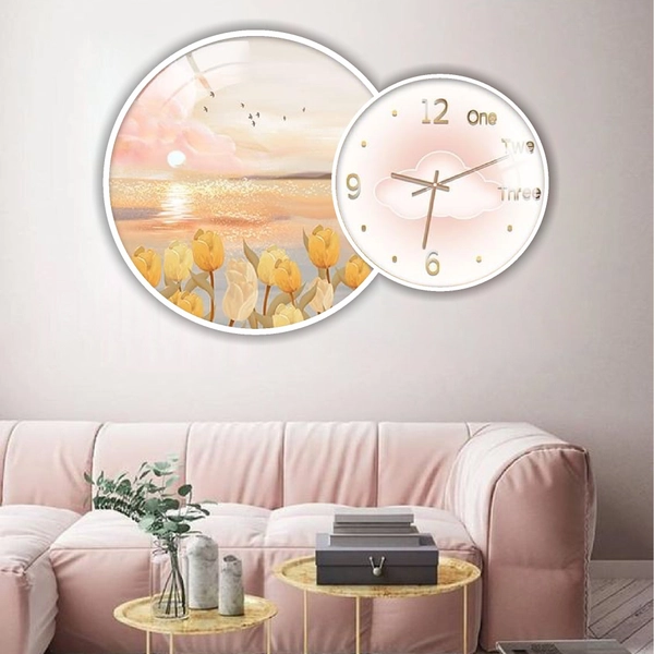 Tranh Đồng Hồ Treo Tường UV Pha Lê Bóng Cành Hoa Nghệ Thuật