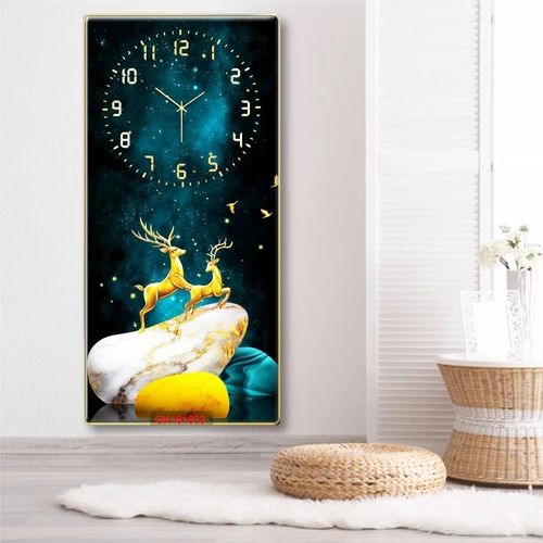 Tranh Đồng Hồ Treo Tường UV Pha Lê Bóng Hươu Nai Vàng Nghệ Thuật