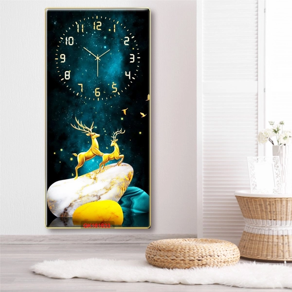 Tranh Đồng Hồ Treo Tường UV Pha Lê Bóng Hươu Nai Vàng Nghệ Thuật
