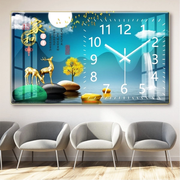 Tranh Đồng Hồ Treo Tường UV Pha Lê Bóng Hươu Nai Vàng Nghệ Thuật