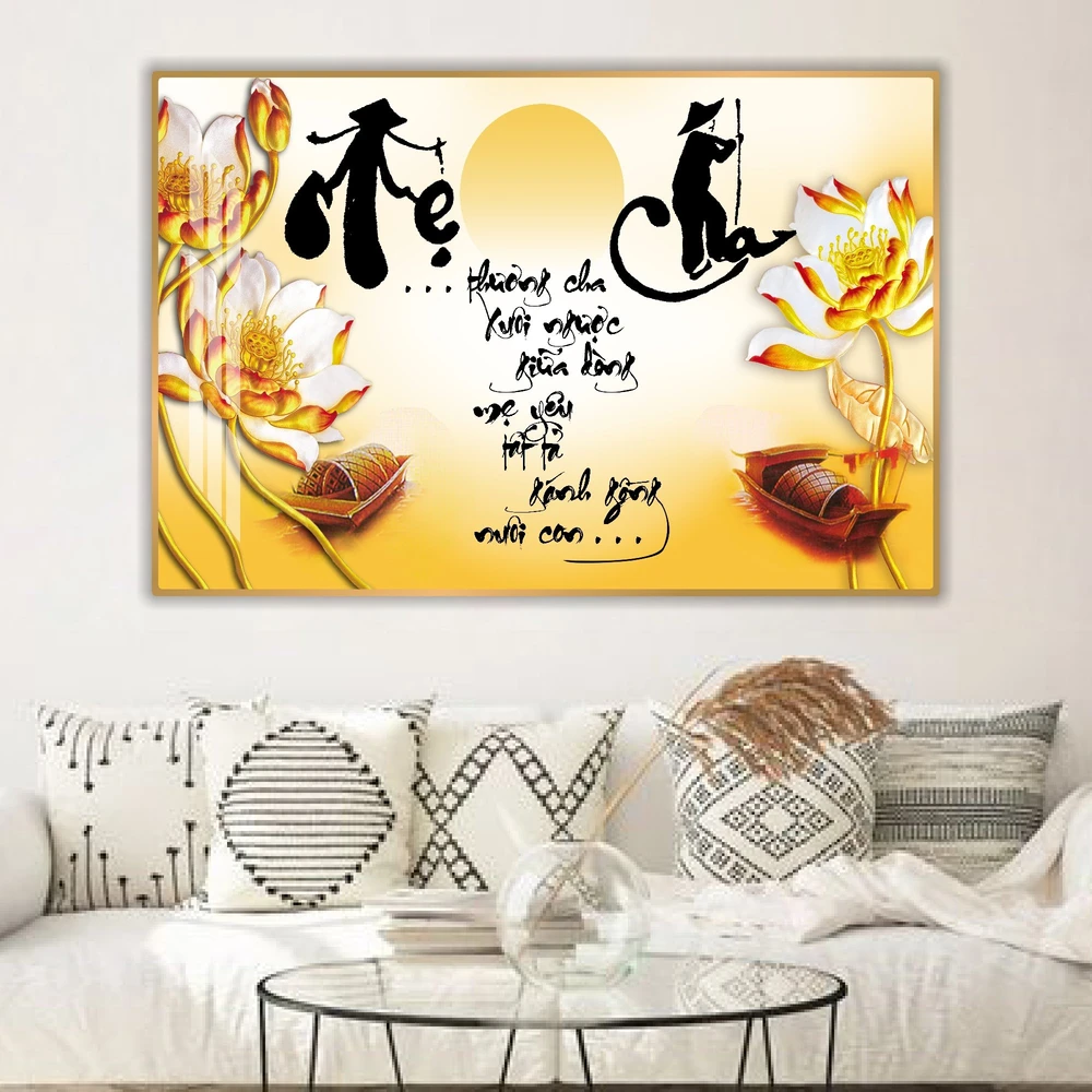 Tranh thư pháp Cha Mẹ tranh treo tường phong cảnh đồng quê