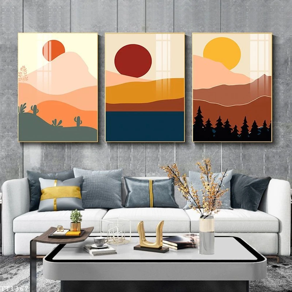 Tranh Treo Tường Nghệ Thuật Tối Giản Phong Cảnh Mặt Trời Và Núi