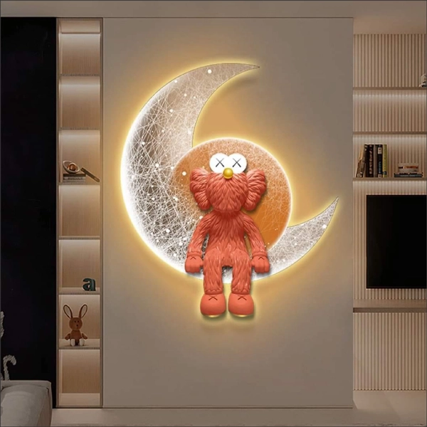 Tranh Đèn Led Tráng Gương Pha Lê Chú Gấu Kaws Và Mặt Trăng