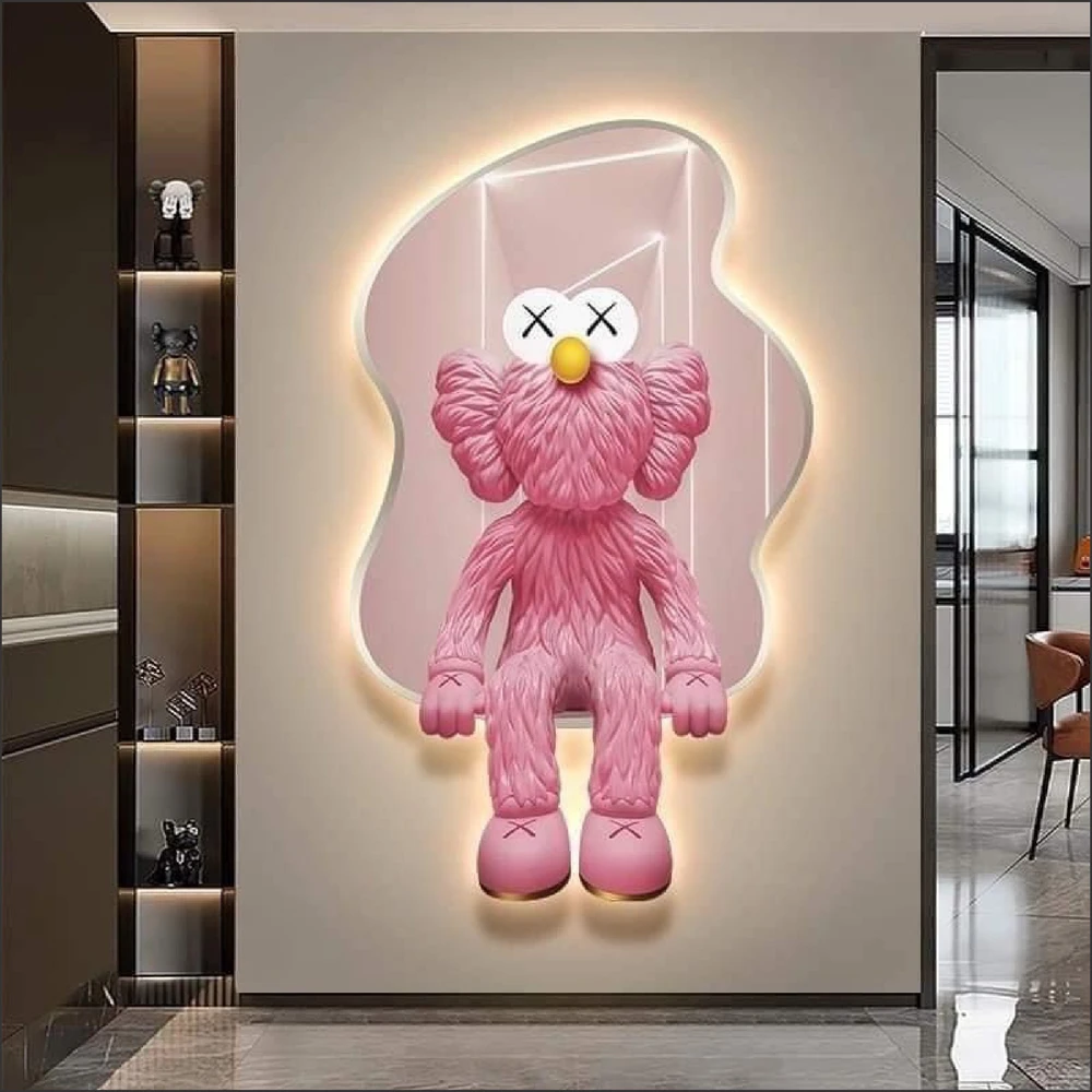 Tranh Đèn Led Tráng Gương Pha Lê Gấu Kaws Hồng