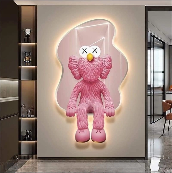 Tranh Đèn Led Tráng Gương Pha Lê Gấu Kaws Hồng