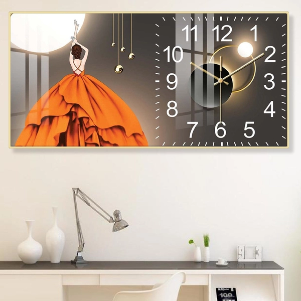 Tranh Đồng Hồ Treo Tường UV Pha Lê Bóng Cô Gái Váy Đỏ Nghệ Thuật
