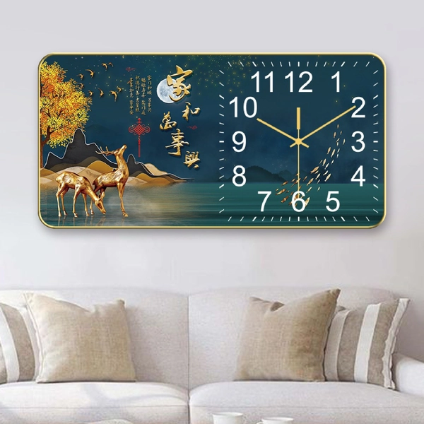 Tranh Đồng Hồ Treo Tường UV Pha Lê Bóng Đôi Hươu Tài Lộc