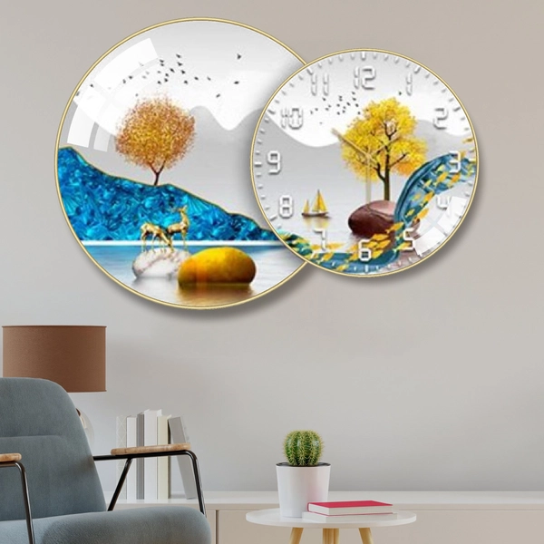 Tranh Đồng Hồ Treo Tường UV Pha Lê Bóng Đôi Hươu Trên Phiến Đá