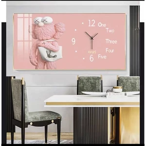 Tranh Đồng Hồ Treo Tường UV Pha Lê Bóng Gấu Kaws Hồng Hiện Đại