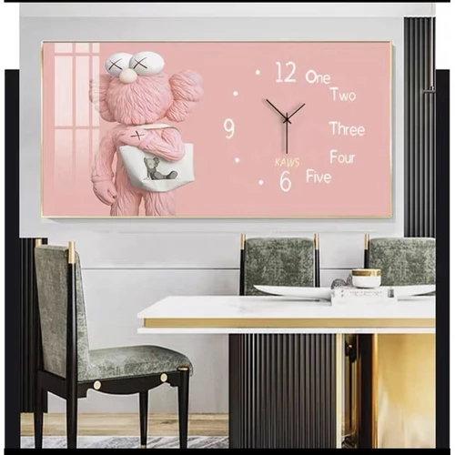 Tranh Đồng Hồ Treo Tường UV Pha Lê Bóng Gấu Bearbrick Hồng 2