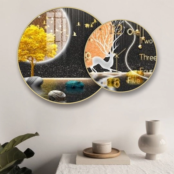 Tranh Đồng Hồ Treo Tường UV Pha Lê Bóng Hươu Và Cây Vàng Nghệ Thuật