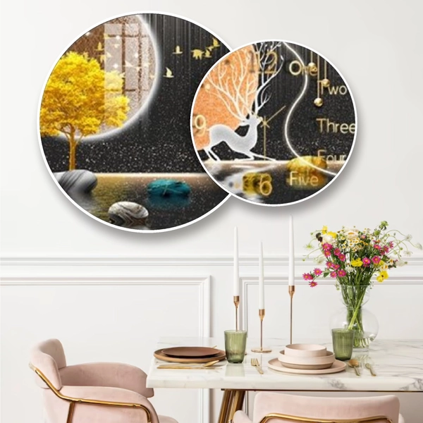 Tranh Đồng Hồ Treo Tường UV Pha Lê Bóng Hươu Và Cây Vàng Nghệ Thuật