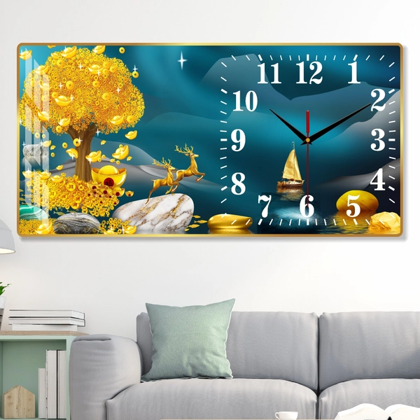 Tranh Đồng Hồ Treo Tường UV Pha Lê Bóng Đôi Hươu Tài Lộc