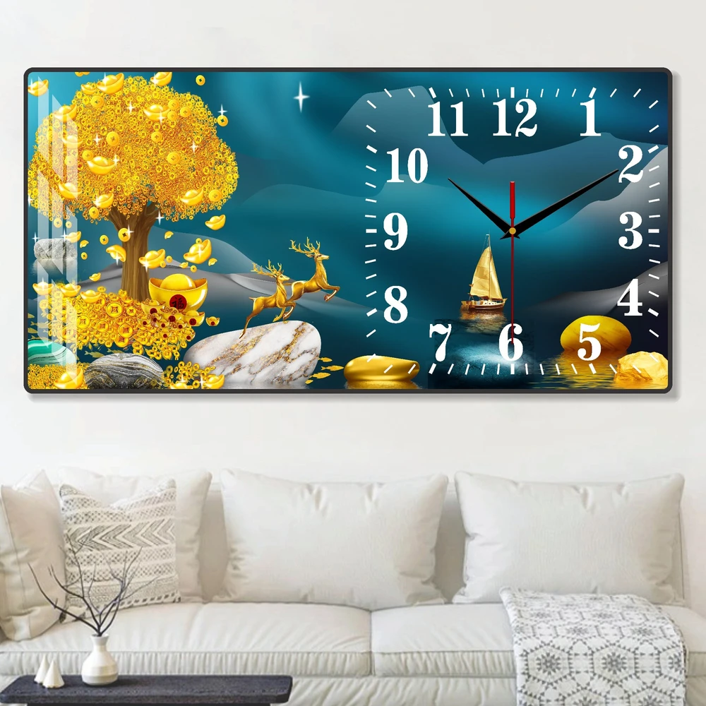 Tranh Đồng Hồ Treo Tường UV Pha Lê Bóng Đôi Hươu Và Cây Tiền Vàng