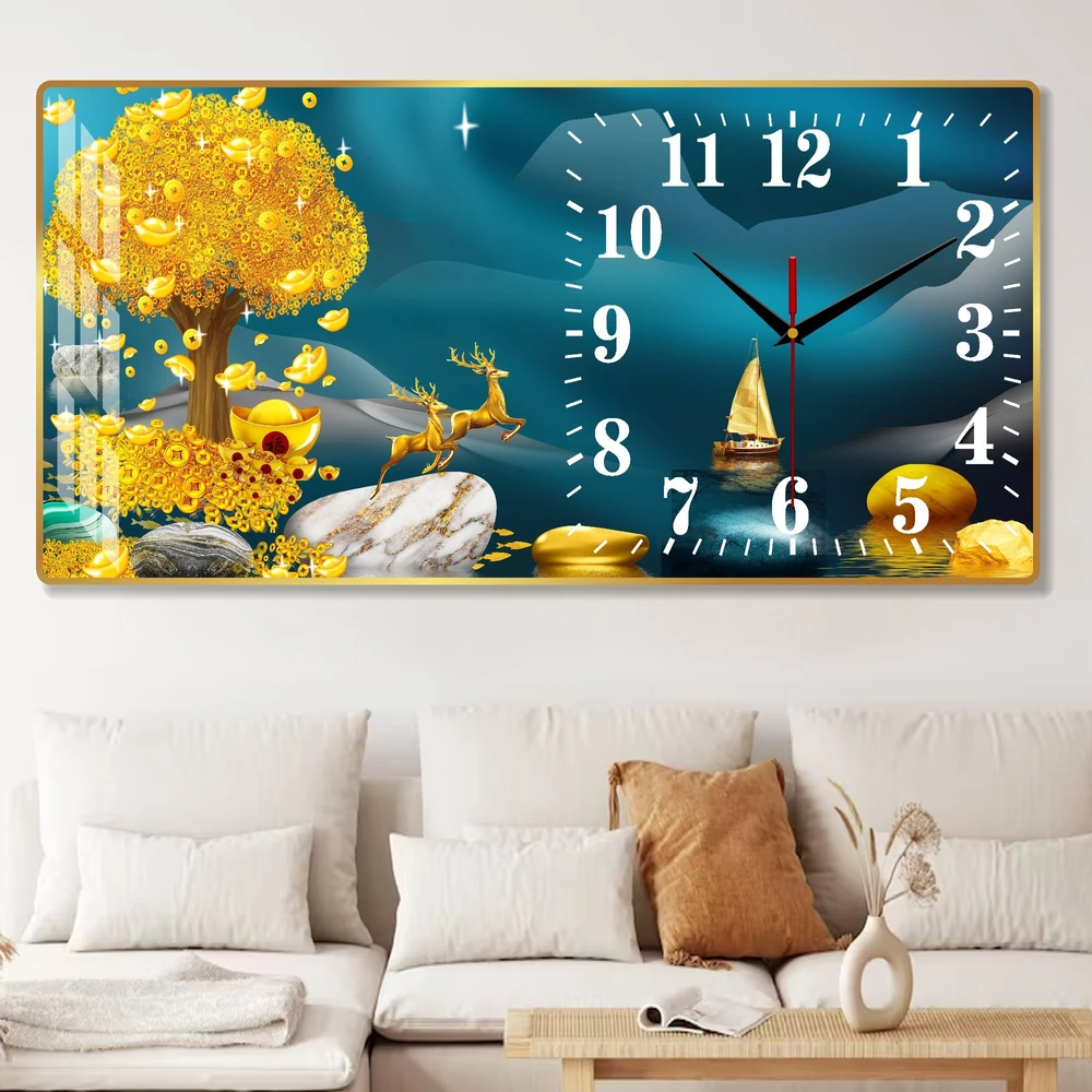 Tranh Đồng Hồ Treo Tường UV Pha Lê Bóng Đôi Hươu Và Cây Tiền Vàng