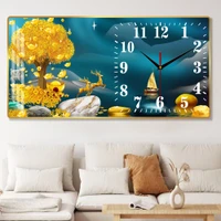 Tranh Đồng Hồ Treo Tường UV Pha Lê Bóng Đôi Hươu Và Cây Tiền Vàng