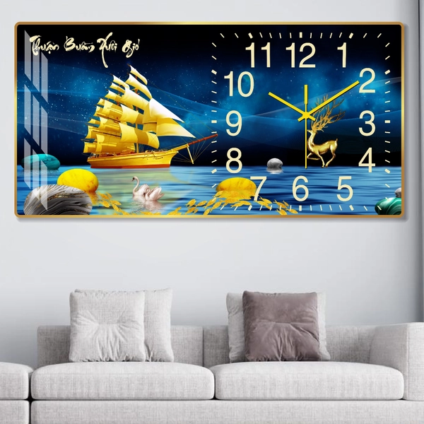 Tranh Đồng Hồ Treo Tường Thuận Buồm Xuôi Gió Và Hươu Vàng Tài Lộc