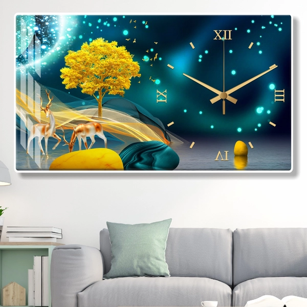 Tranh Đồng Hồ Treo Tường UV Pha Lê Bóng Hươu Nai Vàng Nghệ Thuật