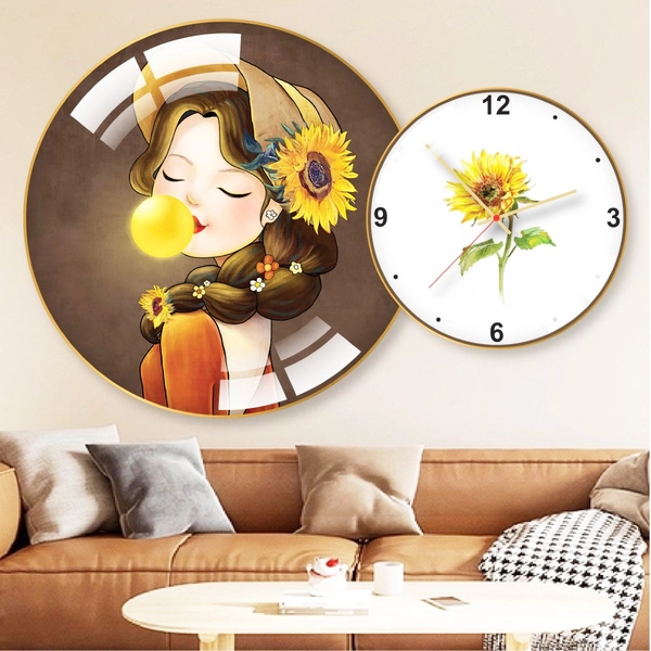 Tranh Đồng Hồ Treo Tường UV Pha Lê Bóng Cô Gái Và Hoa Hướng Dương Nghệ Thuật