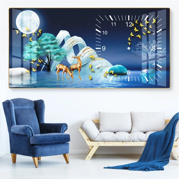 Tranh Đồng Hồ Treo Tường Đôi Hươu Vàng Dưới Ánh Trăng