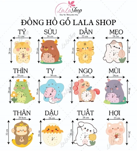 Đồng hồ gỗ treo 12 con giáp tuổi tuất