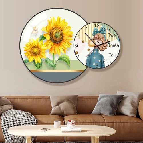 Tranh Đồng Hồ Treo Tường UV Pha Lê Bóng Cô Gái Và Hoa Hướng Dương Nghệ Thuật