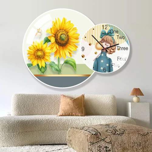 Tranh Đồng Hồ Treo Tường UV Pha Lê Bóng Cô Gái Và Hoa Hướng Dương Nghệ Thuật