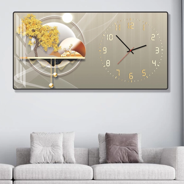 Tranh Đồng Hồ Treo Tường UV Pha Lê Bóng Hươu Nai Vàng Nghệ Thuật