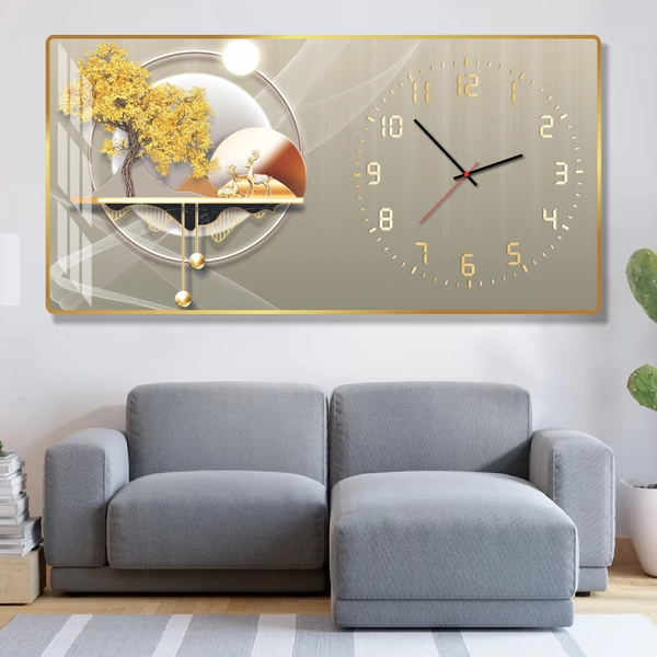Tranh Đồng Hồ Treo Tường UV Pha Lê Bóng Hươu Nai Vàng Nghệ Thuật