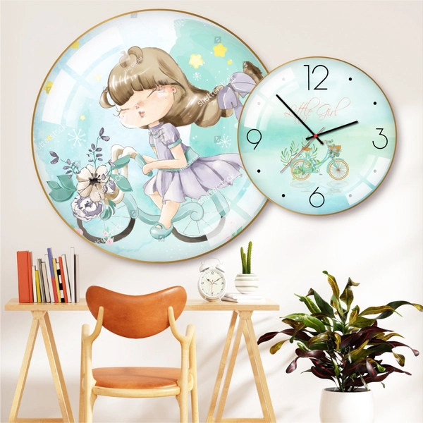 Tranh Đồng Hồ Treo Tường UV Pha Lê Bóng Bé Gái Đi Xe Đạp