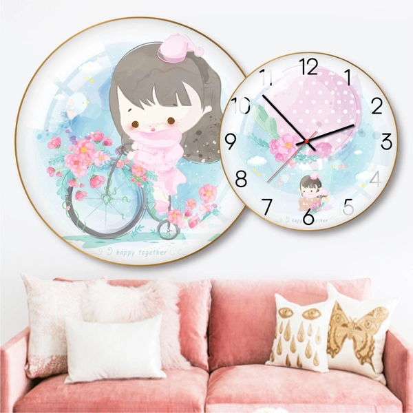 Tranh Đồng Hồ Treo Tường UV Pha Lê Bóng Bé Gái Đi Xe Đạp