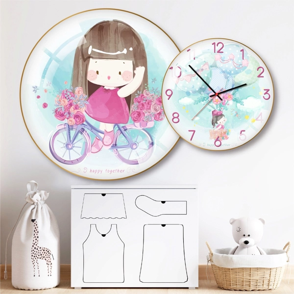 Tranh Đồng Hồ Treo Tường UV Pha Lê Bóng Bé Gái Đi Xe Đạp