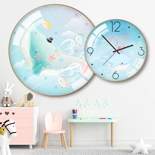Tranh Đồng Hồ Treo Tường UV Pha Lê Bóng Cá Voi Xanh Dễ Thương