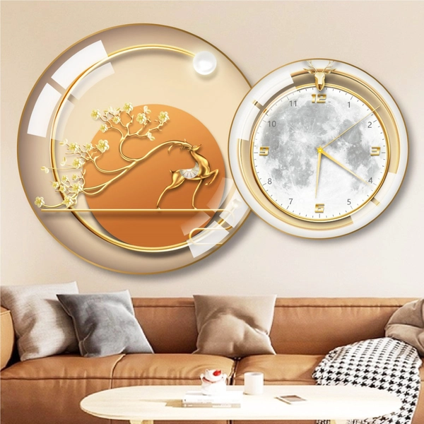 Tranh Đồng Hồ Treo Tường UV Pha Lê Bóng Hươu Và Cây Vàng Nghệ Thuật