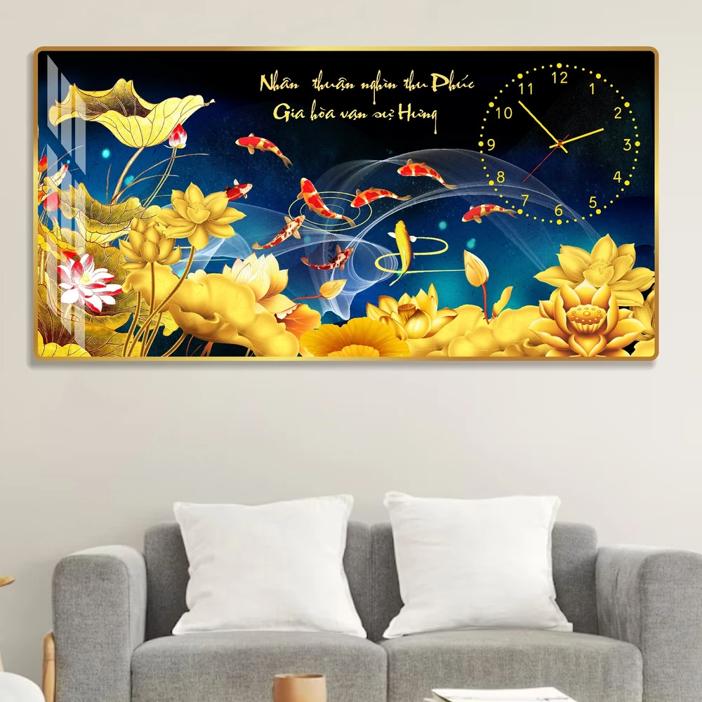Tranh Đồng Hồ Tráng Gương Pha Lê Cá Chép Và Hoa Sen