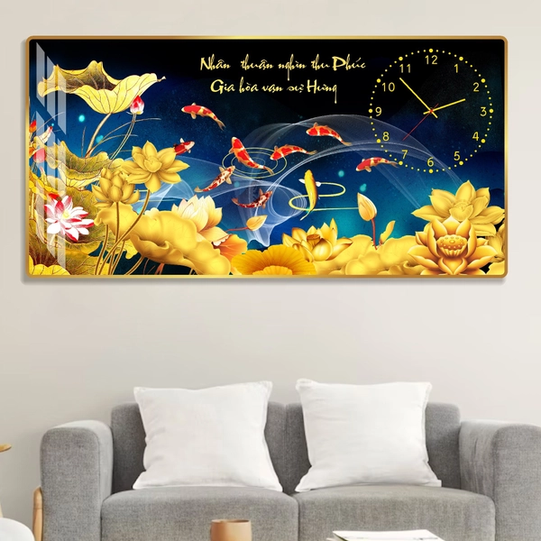 Tranh Đồng Hồ Tráng Gương Pha Lê Cá Chép Và Hoa Sen