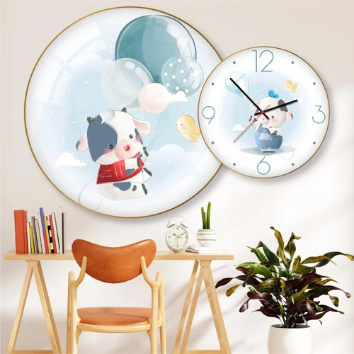 Tranh Đồng Hồ Treo Tường UV Pha Lê Bóng Chú Bò Sữa Dể Thương