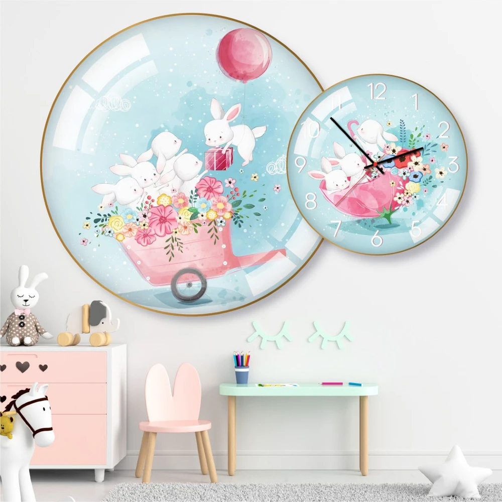 Tranh Đồng Hồ Treo Tường UV Pha Lê Bóng Xe Hoa Và Con Thỏ