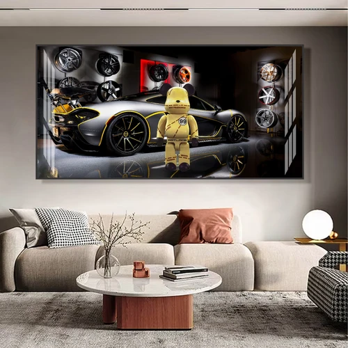 Tranh treo tường gấu bearbrick bên siêu xe