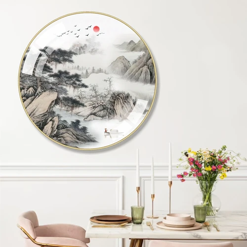 Tranh tròn tráng gương phòng khách phong cảnh thủy mặc sơn nước