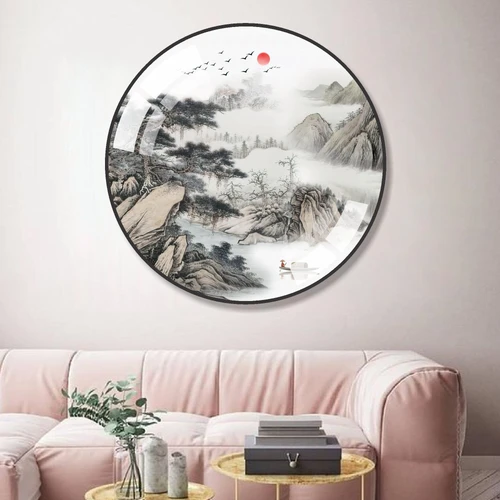 Tranh tròn tráng gương phòng khách phong cảnh thủy mặc sơn nước