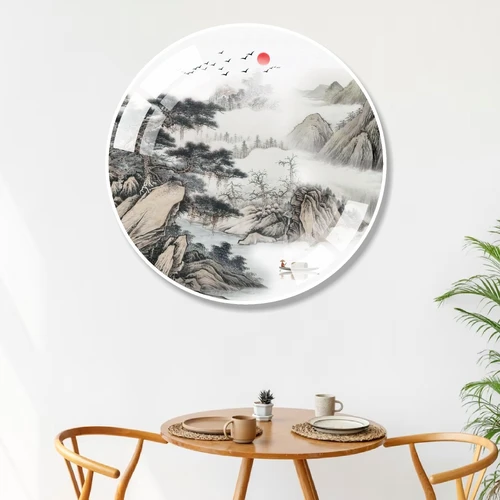 Tranh tròn tráng gương phòng khách phong cảnh thủy mặc sơn nước