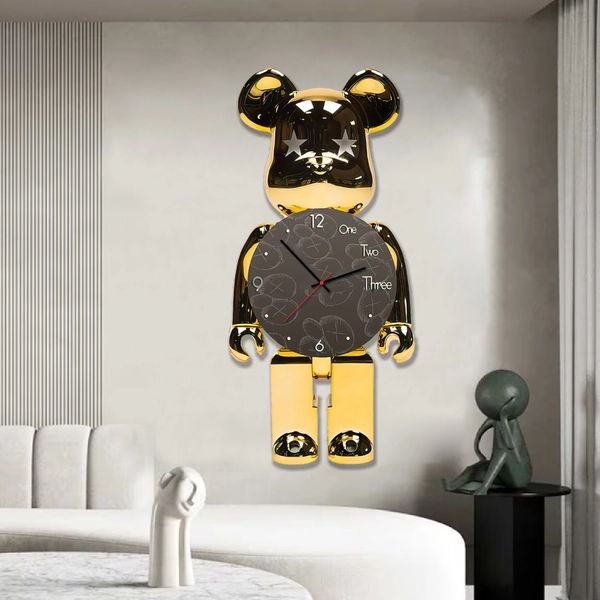 Tranh đồng hồ treo tường nhân vật Gấu Bearbrick tráng gương UV