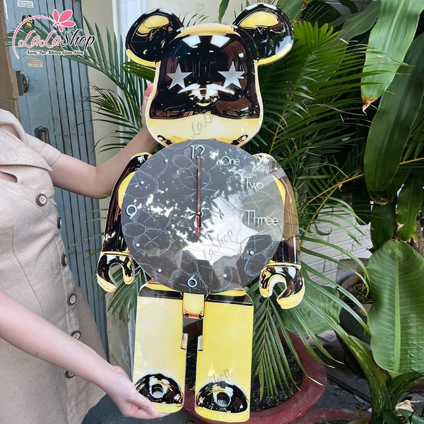 Tranh đồng hồ treo tường nhân vật Gấu Bearbrick tráng gương UV