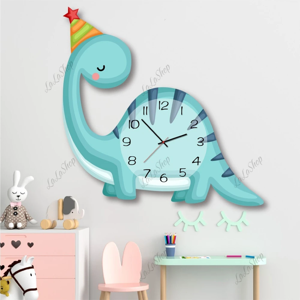 Đồng Hồ Gỗ Treo Tường Hình Khủng Long Xanh