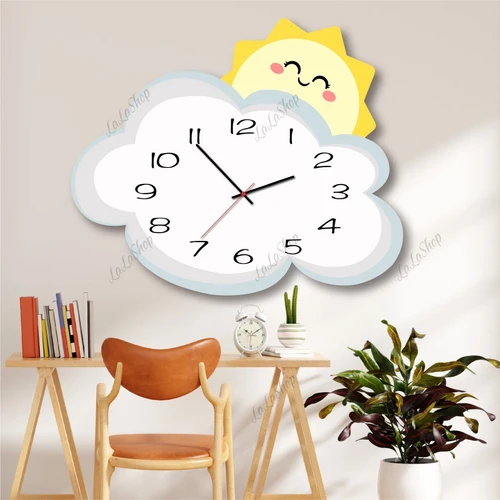 Đồng Hồ Gỗ Treo Tường Hình Mặt Trời Và Mây