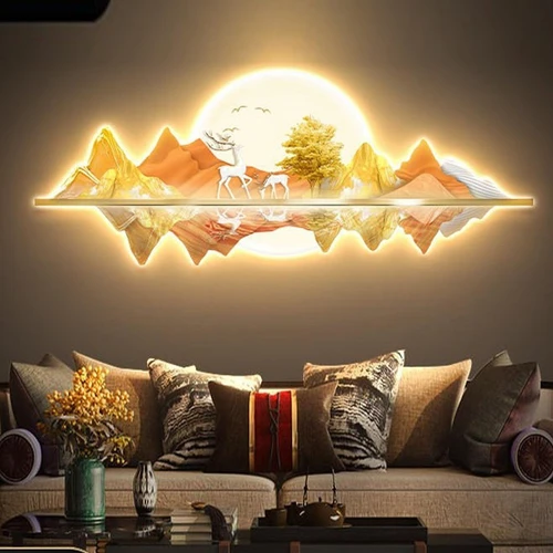 Tranh Đèn Led Tráng Gương Pha Lê Uv Đôi Hươu Ngắm Trăng