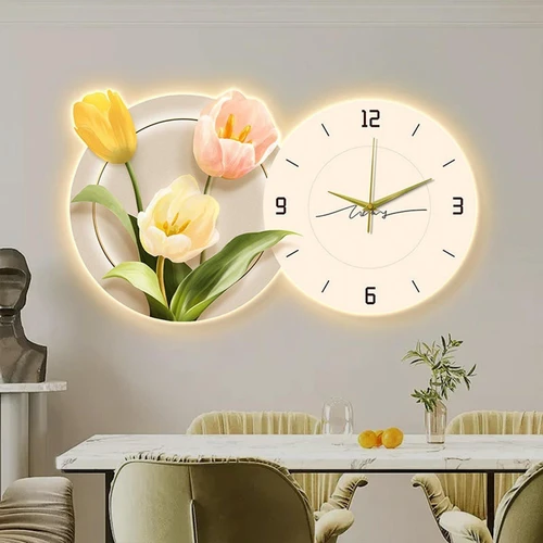 Tranh Đồng Hồ Đèn Led Tráng Gương Pha lê Uv Hoa Lá Nghệ Thuật 2